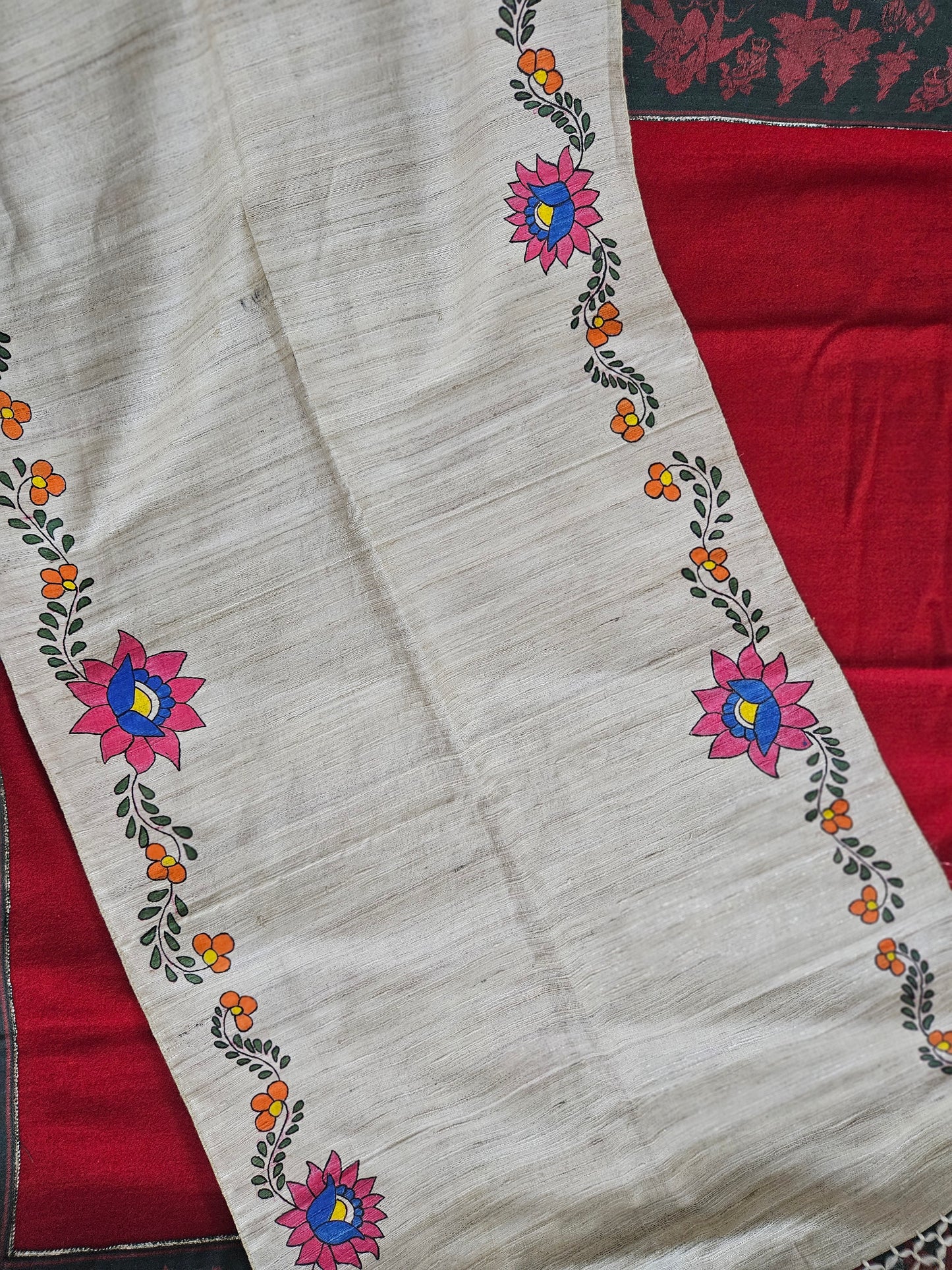Floral Border Stole on Tussar by RNR