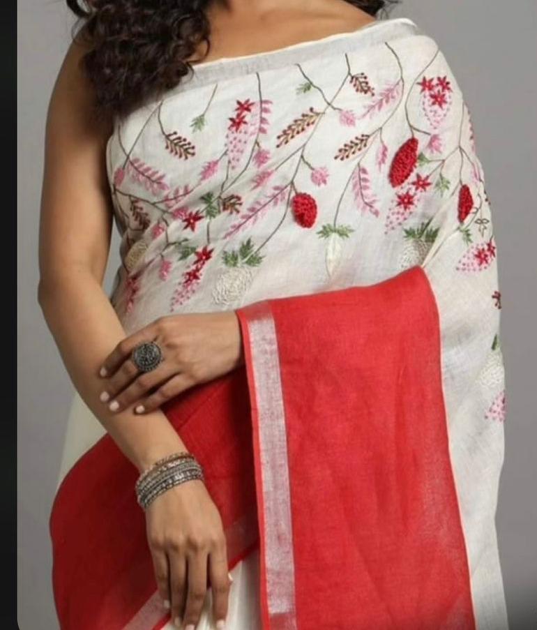 Floral Embroidered Linen Saree By Rank Never Retires