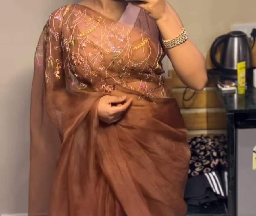 Floral Embroidered Linen Saree By Rank Never Retires
