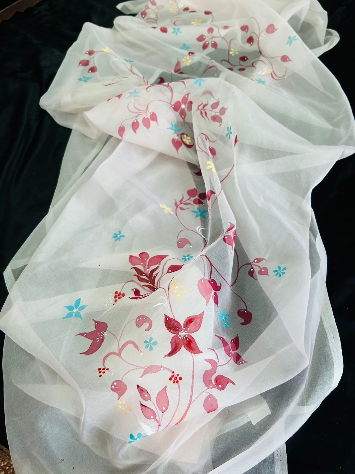 Colorful Handpainted Dupattas - White & Small Florals by RNR - RANK NEVER RETIRES