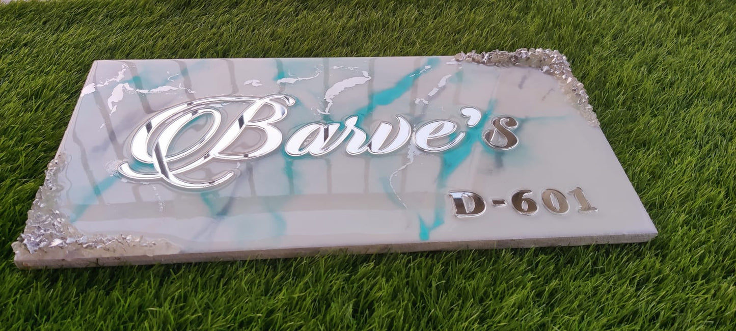 Customizable Resin Art Name Plates - White with Blue shades, 18*9 - RANK NEVER RETIRES