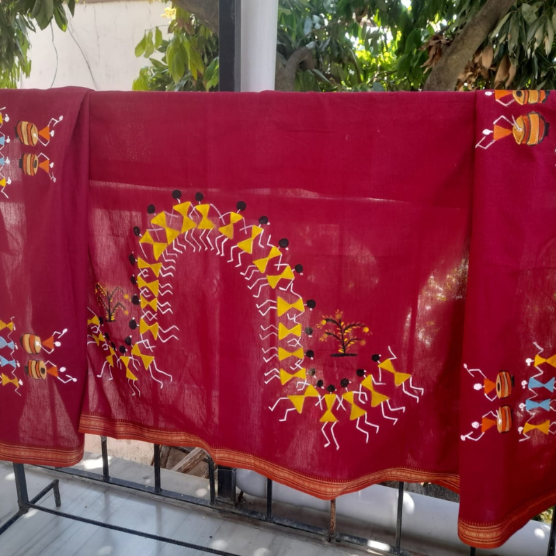Warli Art Handpainted Cotton Dupatta - Red - RANK NEVER RETIRES