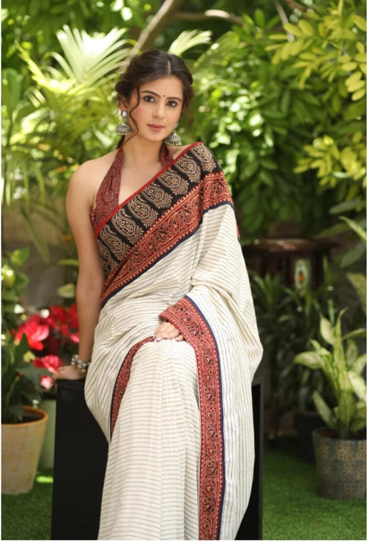 Ajrakh Mismatch Saree with Ajrakh Border by RNR
