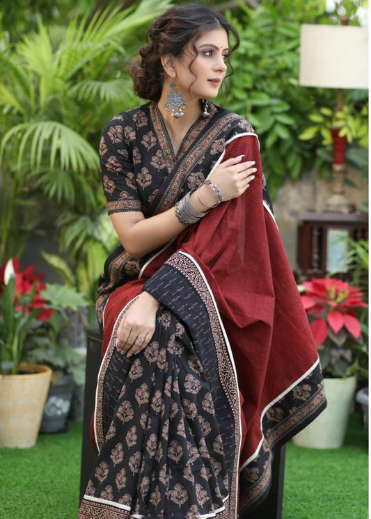 Ajrakh and Ikkat Mismatch Saree by RNR