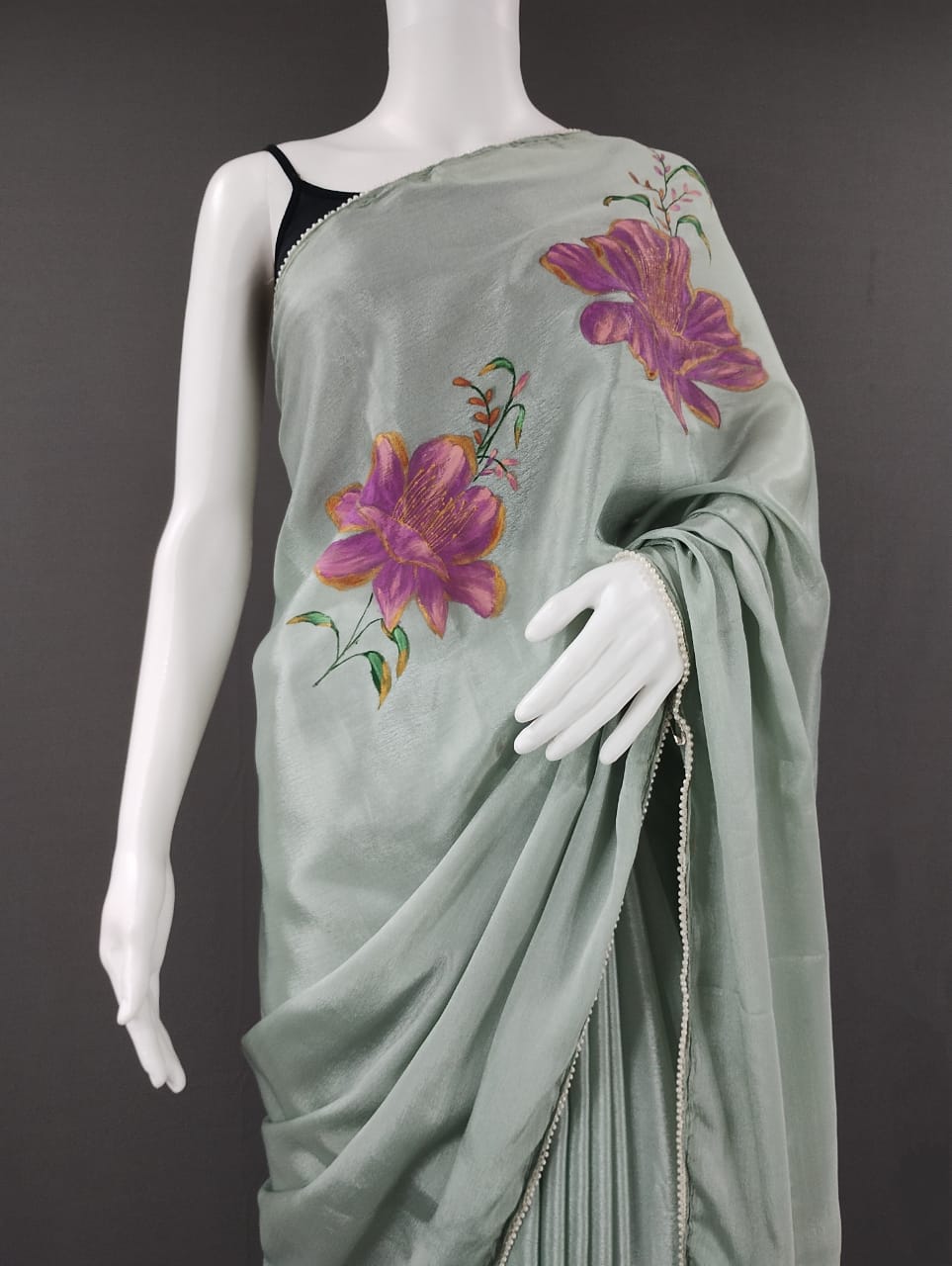 Steel Grey Chinon Chiffon Hand-Painted Saree