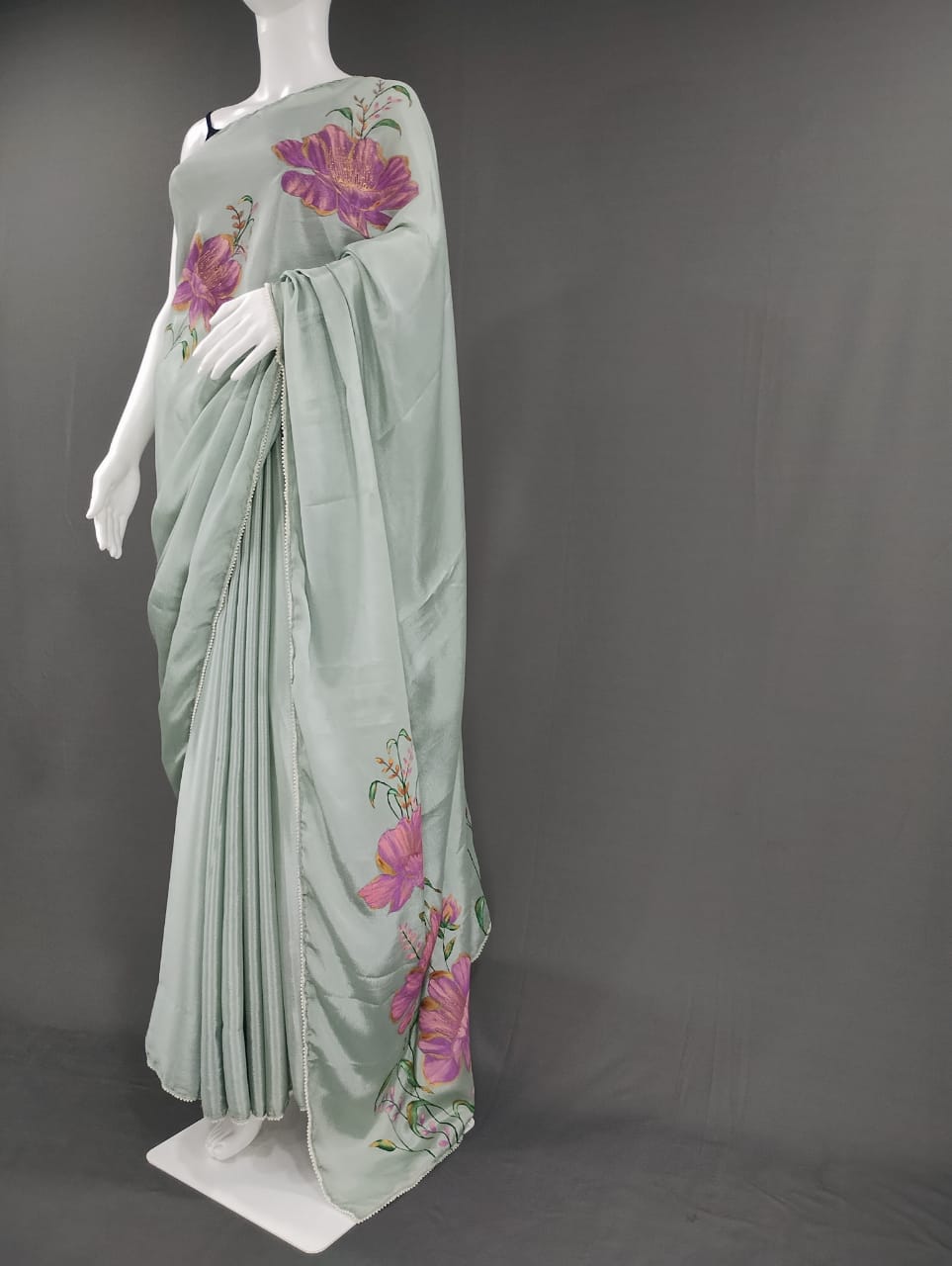 Steel Grey Chinon Chiffon Hand-Painted Saree