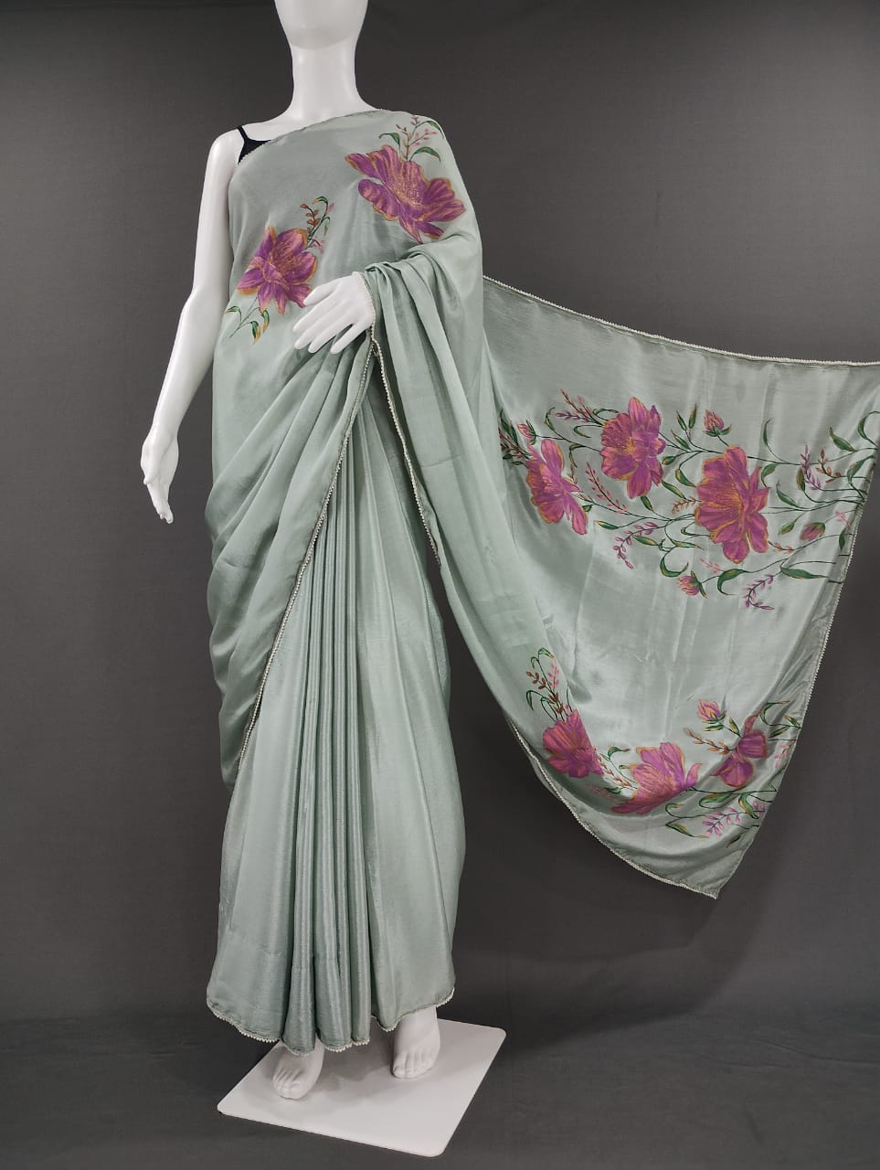 Steel Grey Chinon Chiffon Hand-Painted Saree