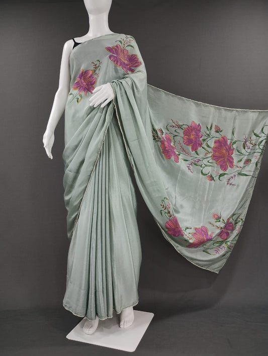 Steel Grey Chinon Chiffon Hand-Painted Saree