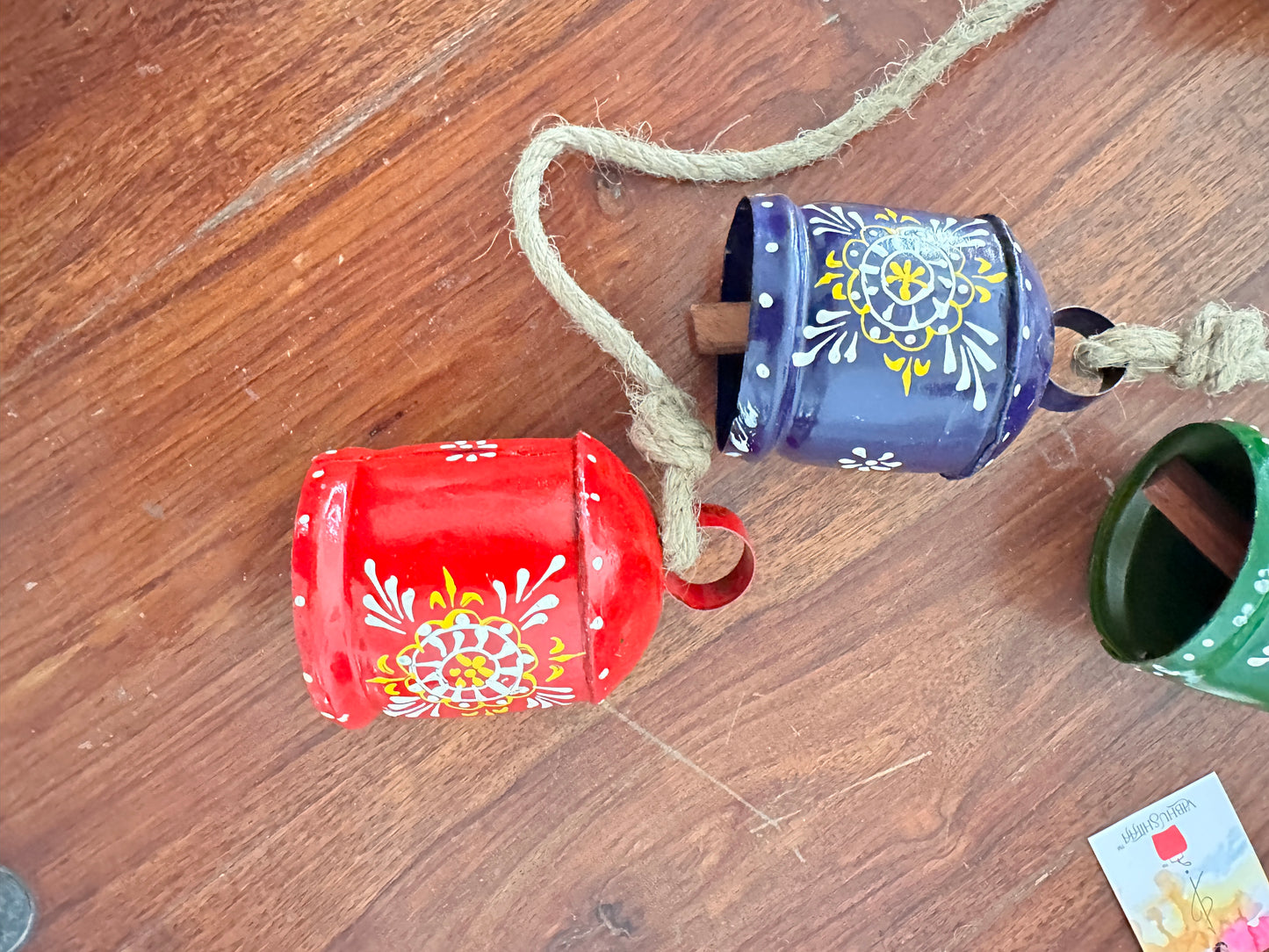 Cylindrical Coloured, Handpainted Decorative Cow Bells on Jute Rope by RNR