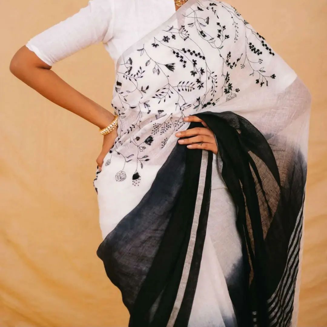 Floral Embroidered Saree | Linen Saree Collection By Rank Never Retire