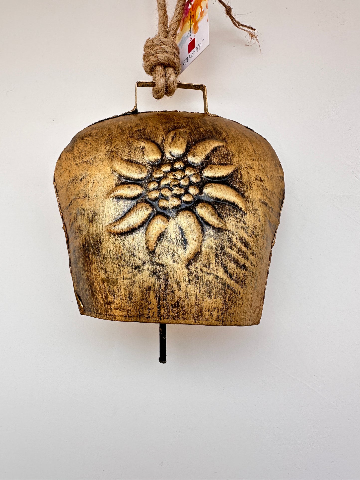 Golden Iron Metal Flower Stamped Swiss Style Cowbell by RNR