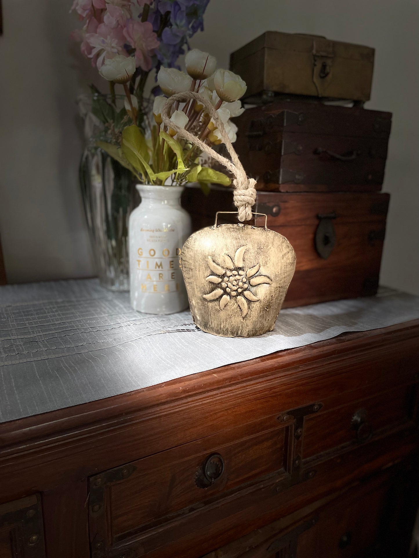 Golden Iron Metal Flower Stamped Swiss Style Cowbell by RNR