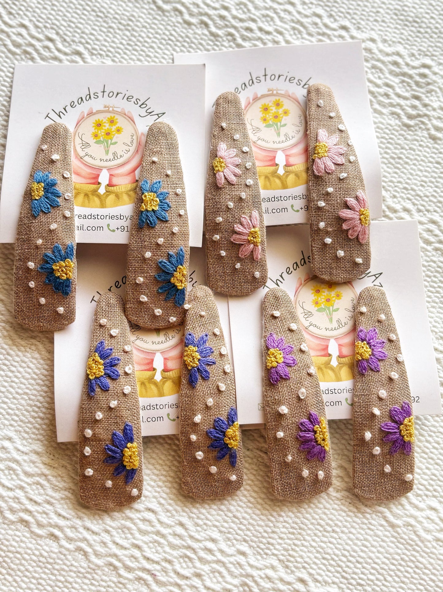 Handembroidered Hair Clips with Floral Embroidery