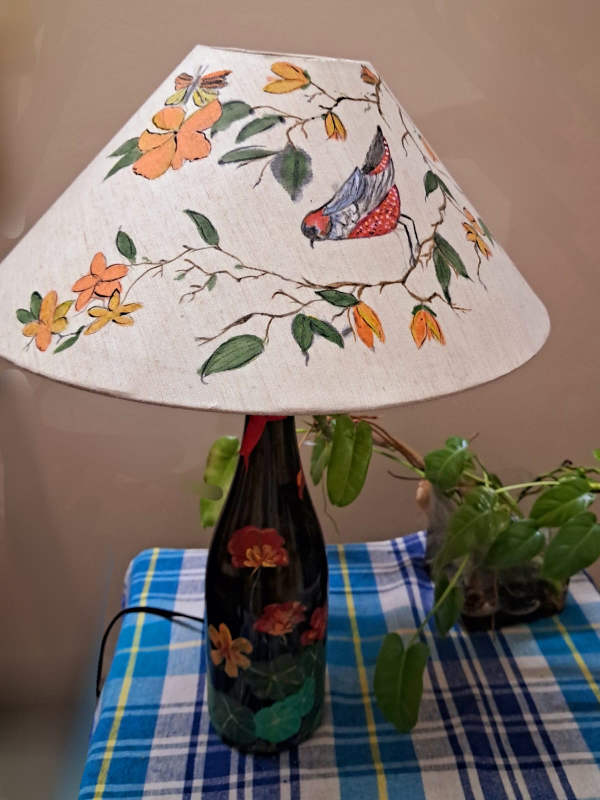 Chirpy Handpainted Lamp Shade and Bottle by RNR