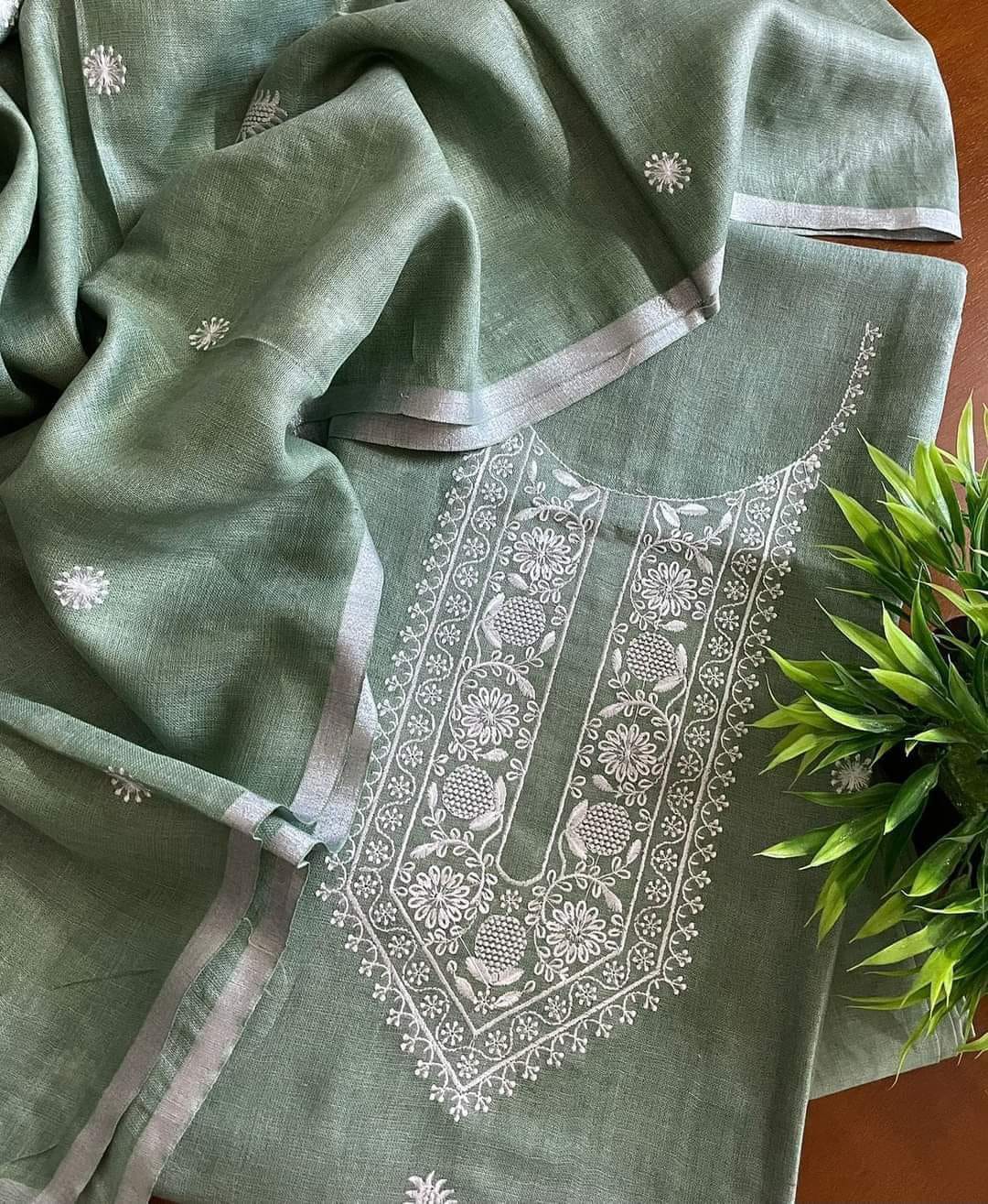 Intricate Neck Embroidered Linen Suit with Bootis