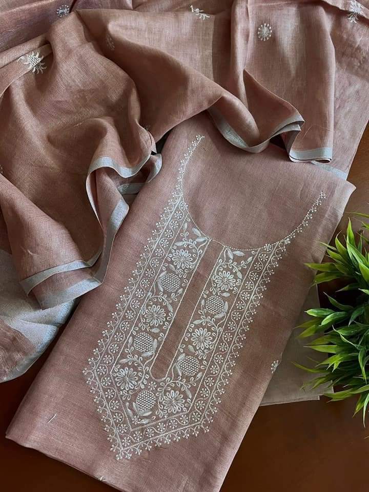 Intricate Neck Embroidered Linen Suit with Bootis