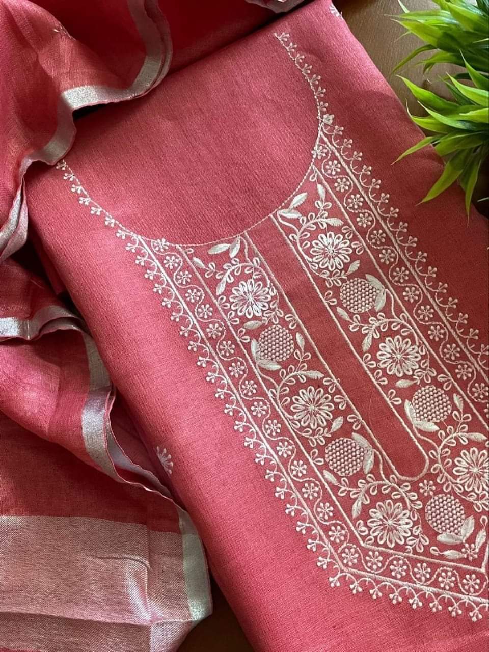 Intricate Neck Embroidered Linen Suit with Bootis