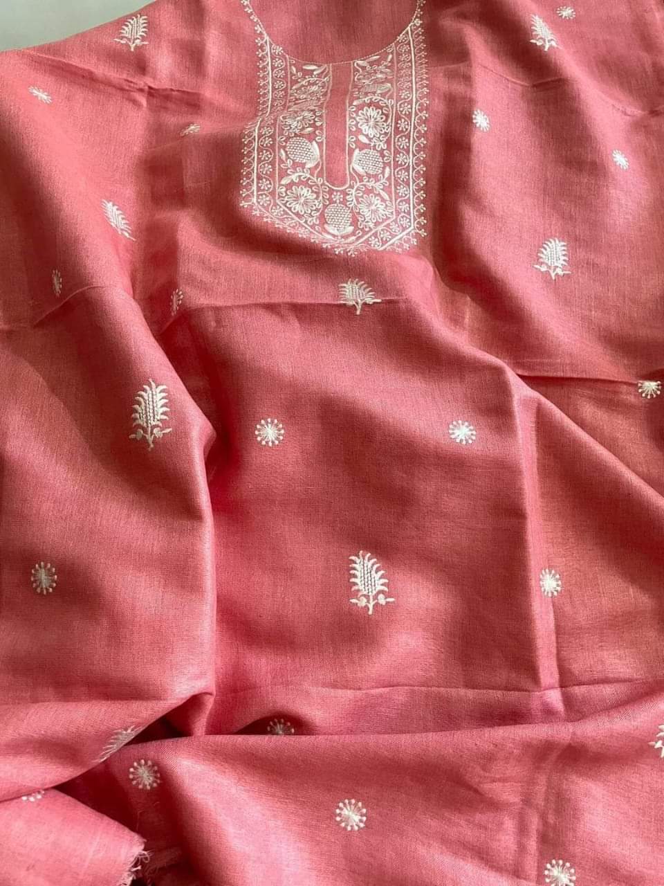 Intricate Neck Embroidered Linen Suit with Bootis
