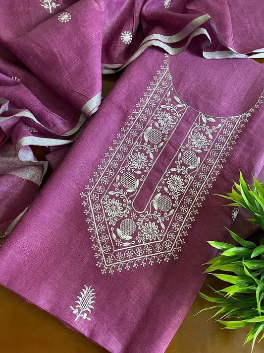 Intricate Neck Embroidered Linen Suit with Bootis