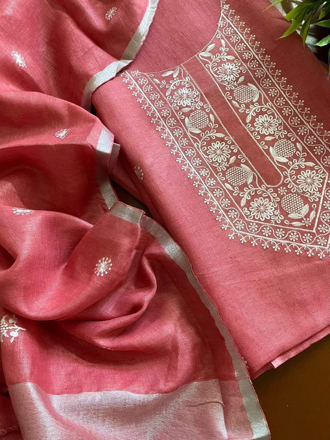 Intricate Neck Embroidered Linen Suit with Bootis