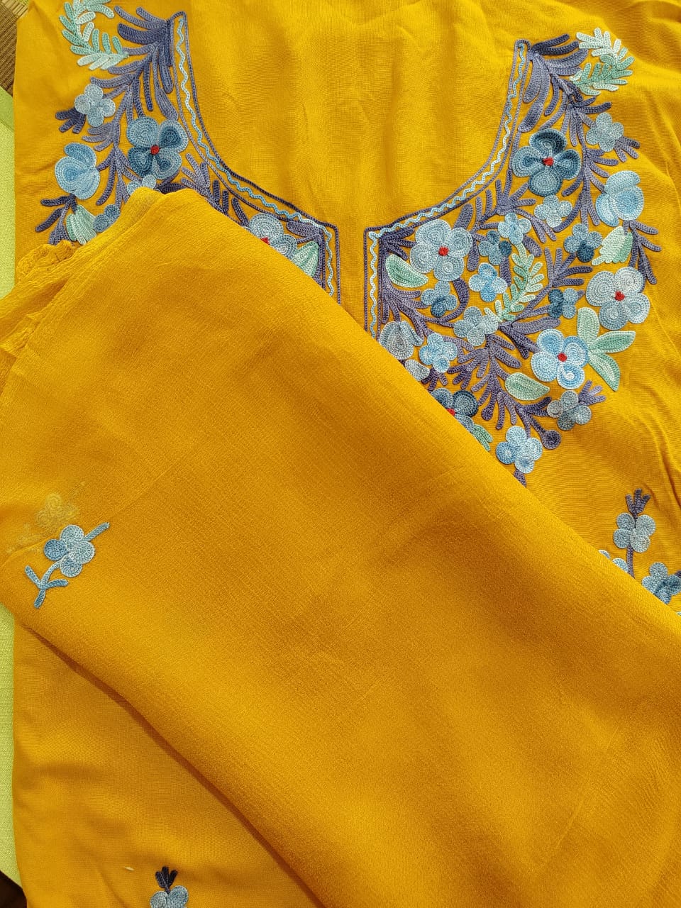 Kashmiri Embroidered Mustard Suit
