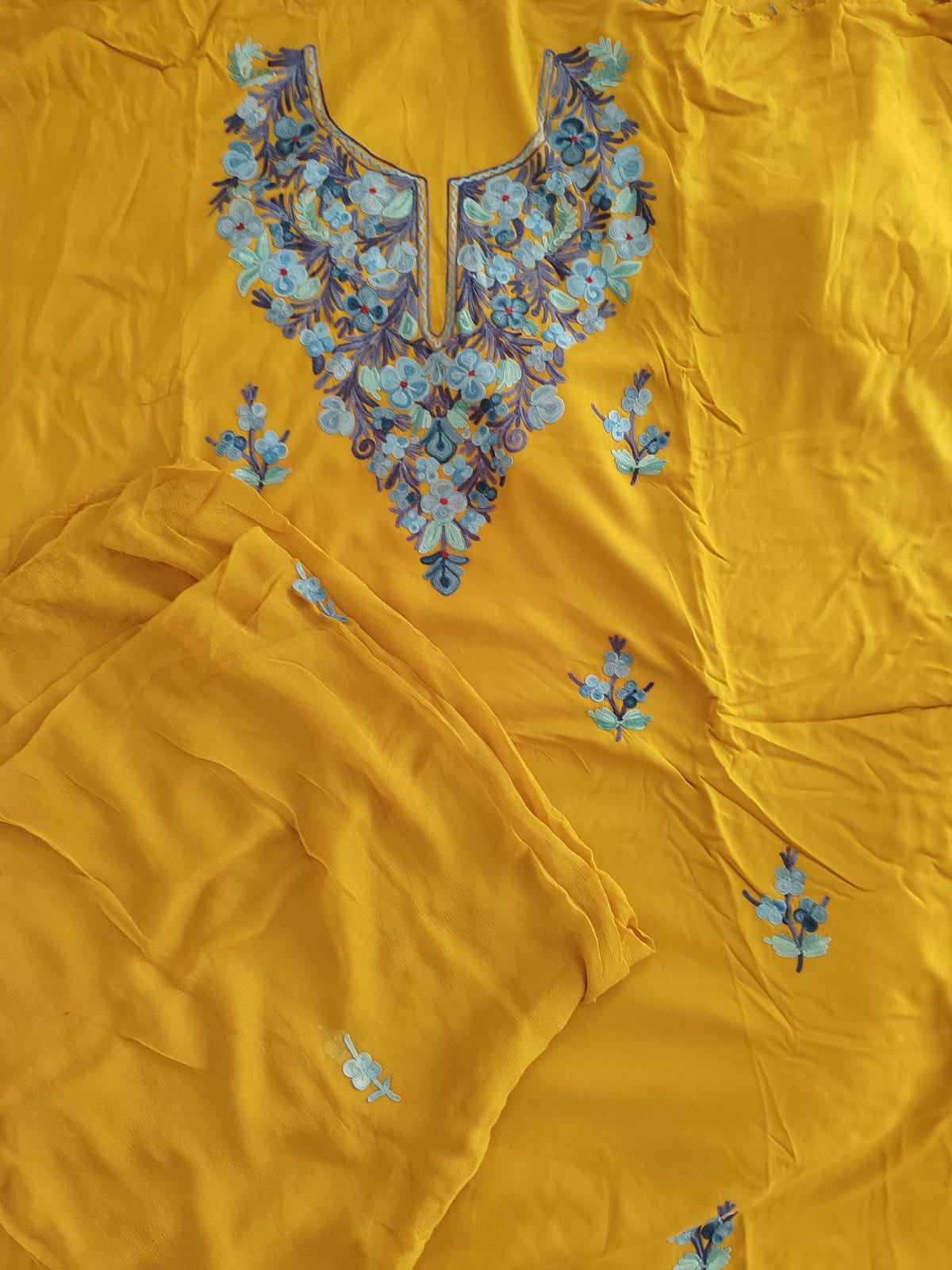 Kashmiri Embroidered Mustard Suit