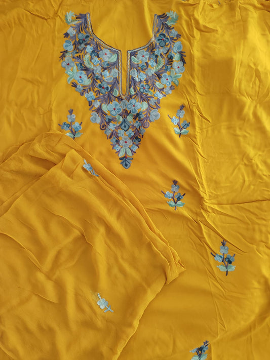 Kashmiri Embroidered Mustard Suit