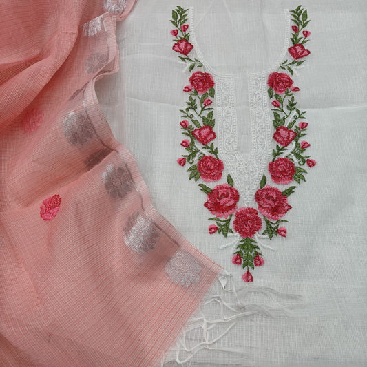 Kota Doria Suit with Neck Embroidery by RNR