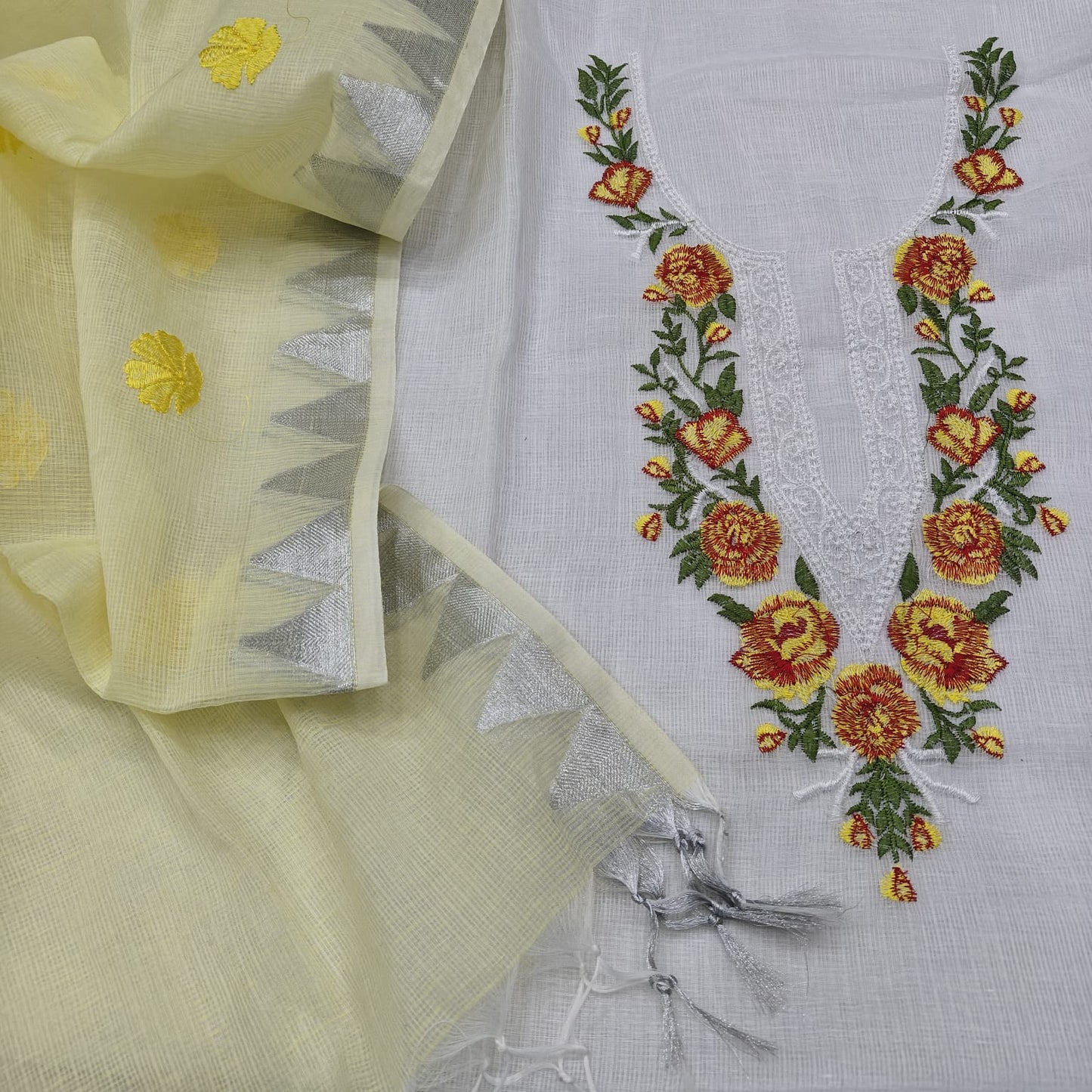 Kota Doria Suit with Neck Embroidery by RNR