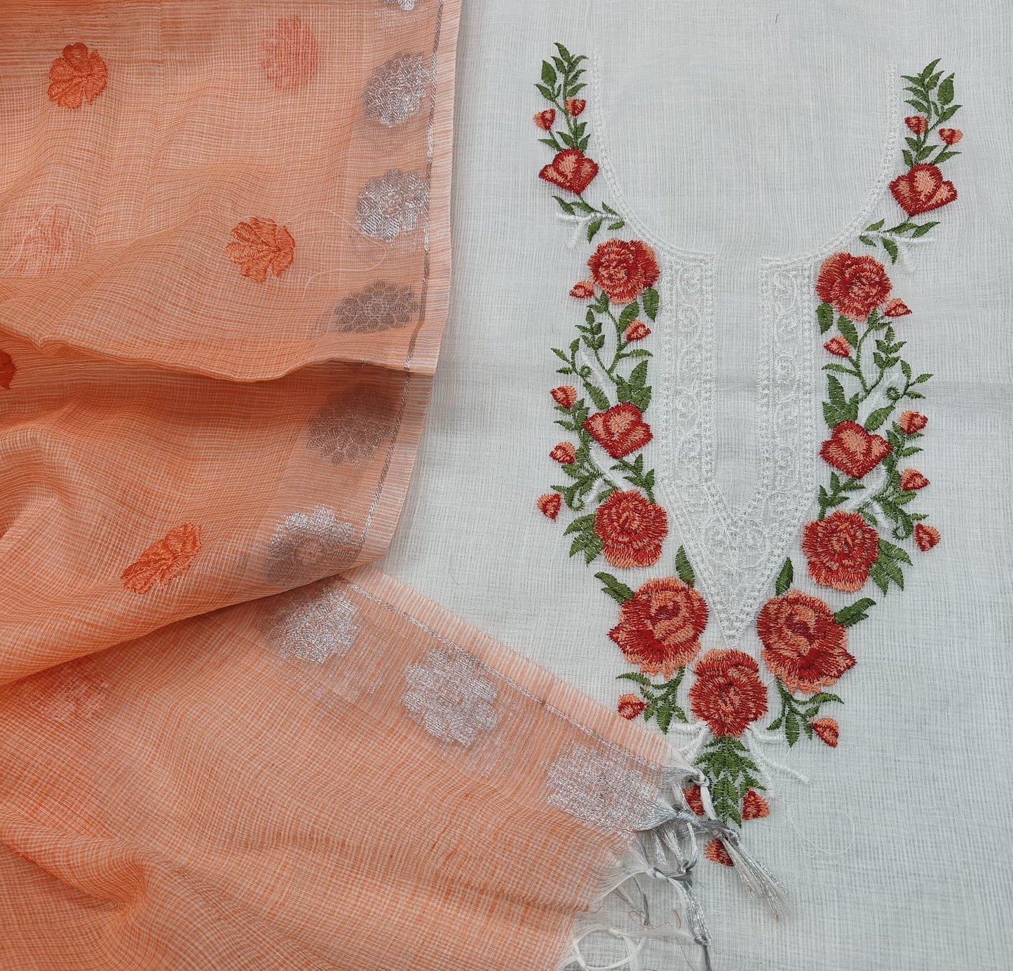 Kota Doria Suit with Neck Embroidery by RNR