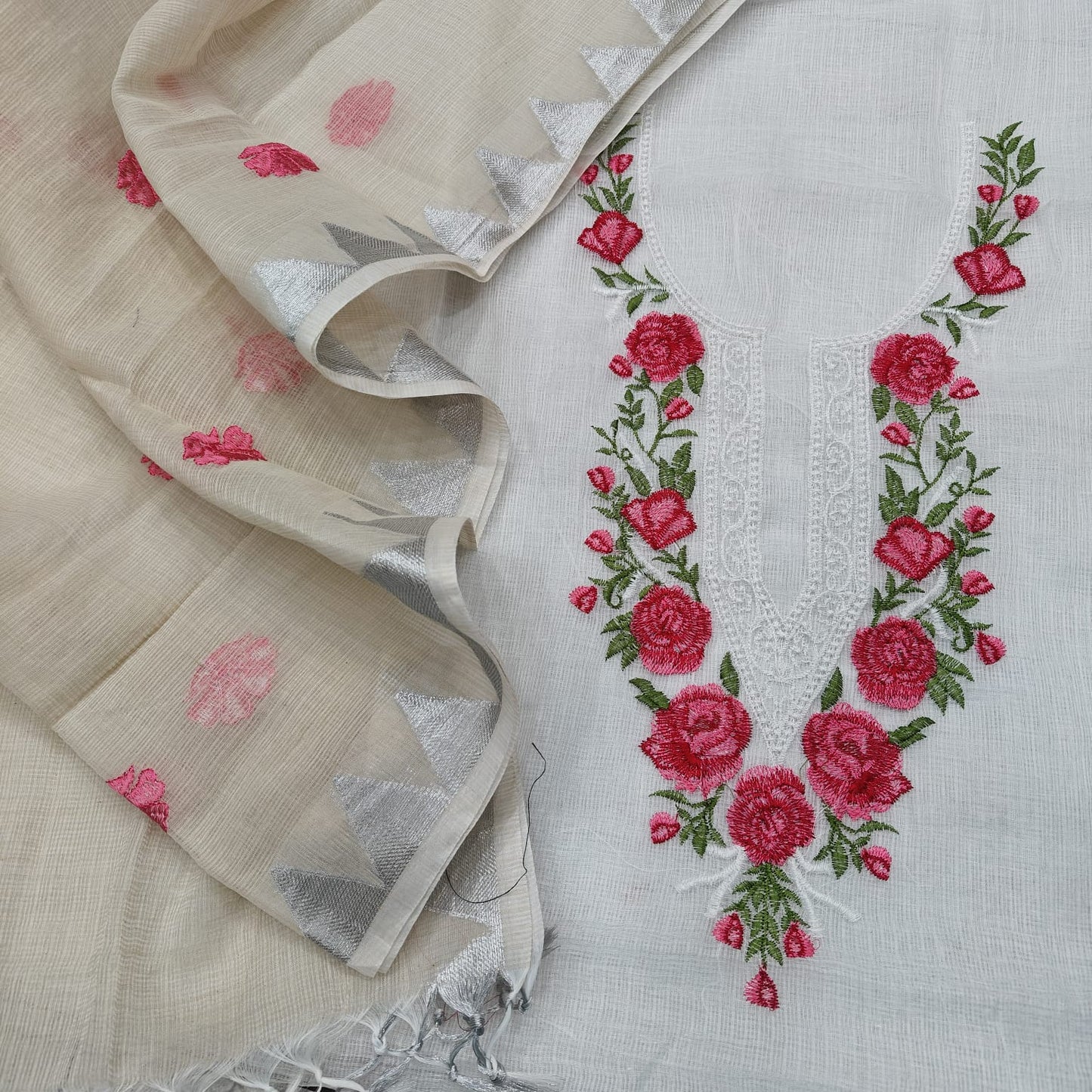 Kota Doria Suit with Neck Embroidery by RNR