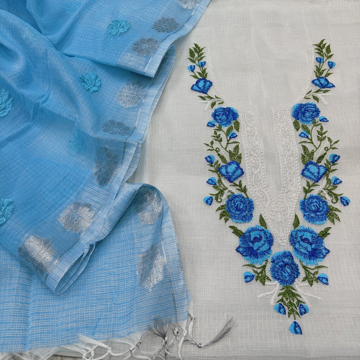 Kota Doria Suit with Neck Embroidery by RNR