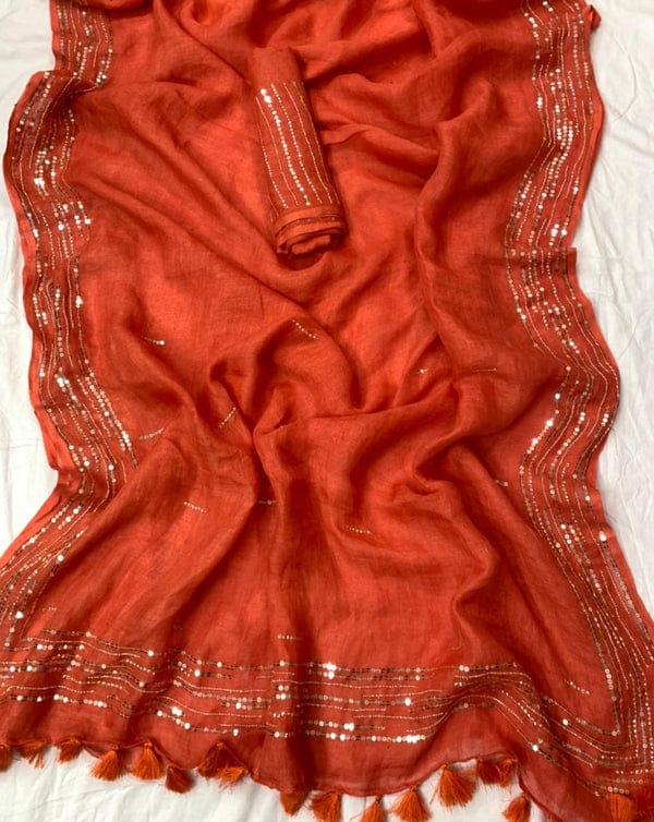 Tarunika Moti & Sitara Work Linen Saree Collection By Rank Never Retire