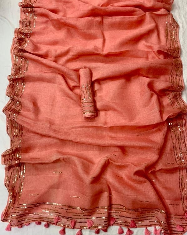 Tarunika Moti & Sitara Work Linen Saree Collection By Rank Never Retire