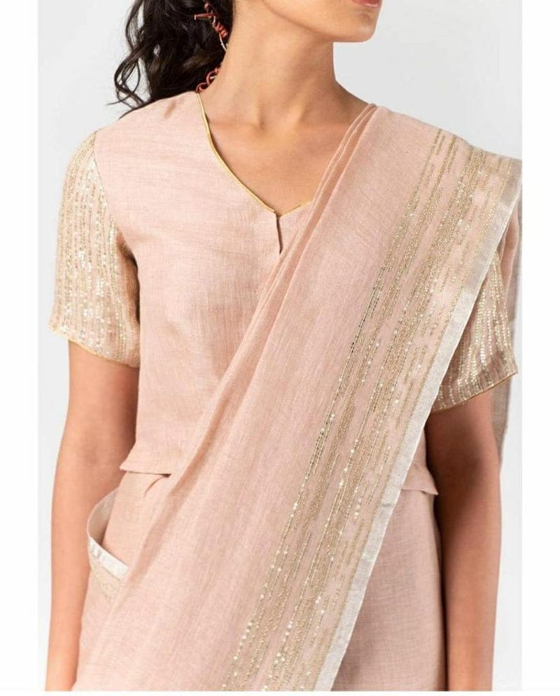 Tarunika Moti & Sitara Work Linen Saree Collection By Rank Never Retire