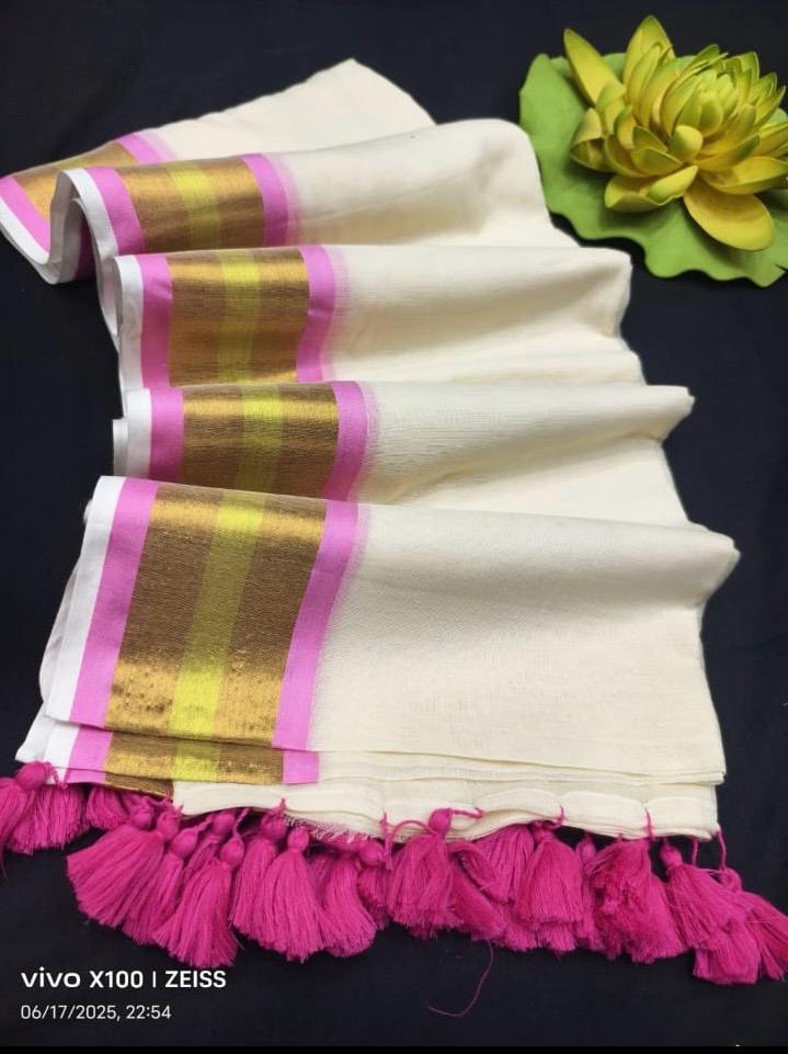 Mul Cotton Saree with Border and Tassels by RNR