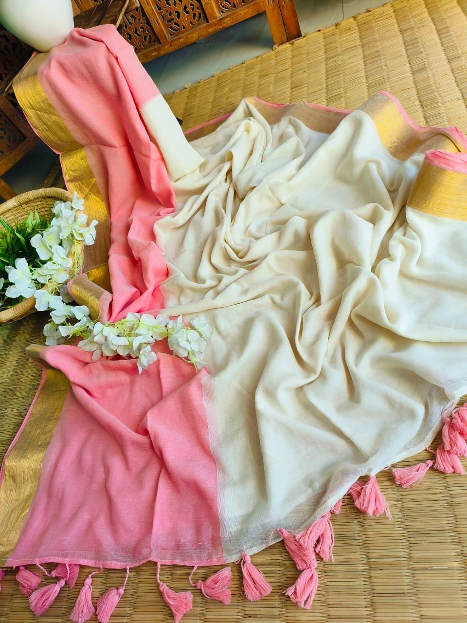 Mul Cotton Saree with Border and Tassels by RNR