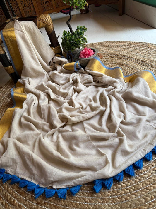 Mul Cotton Saree with Border and Tassels by RNR