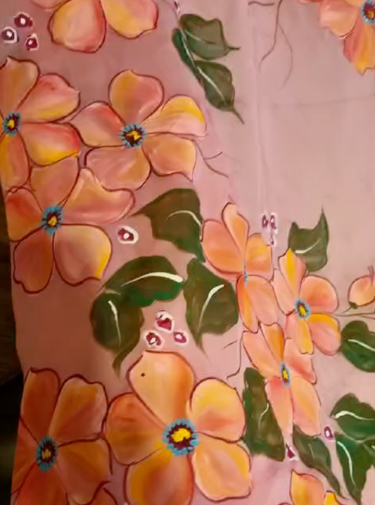 Floral Blast! Handpainted Peach Organza Saree by RNR