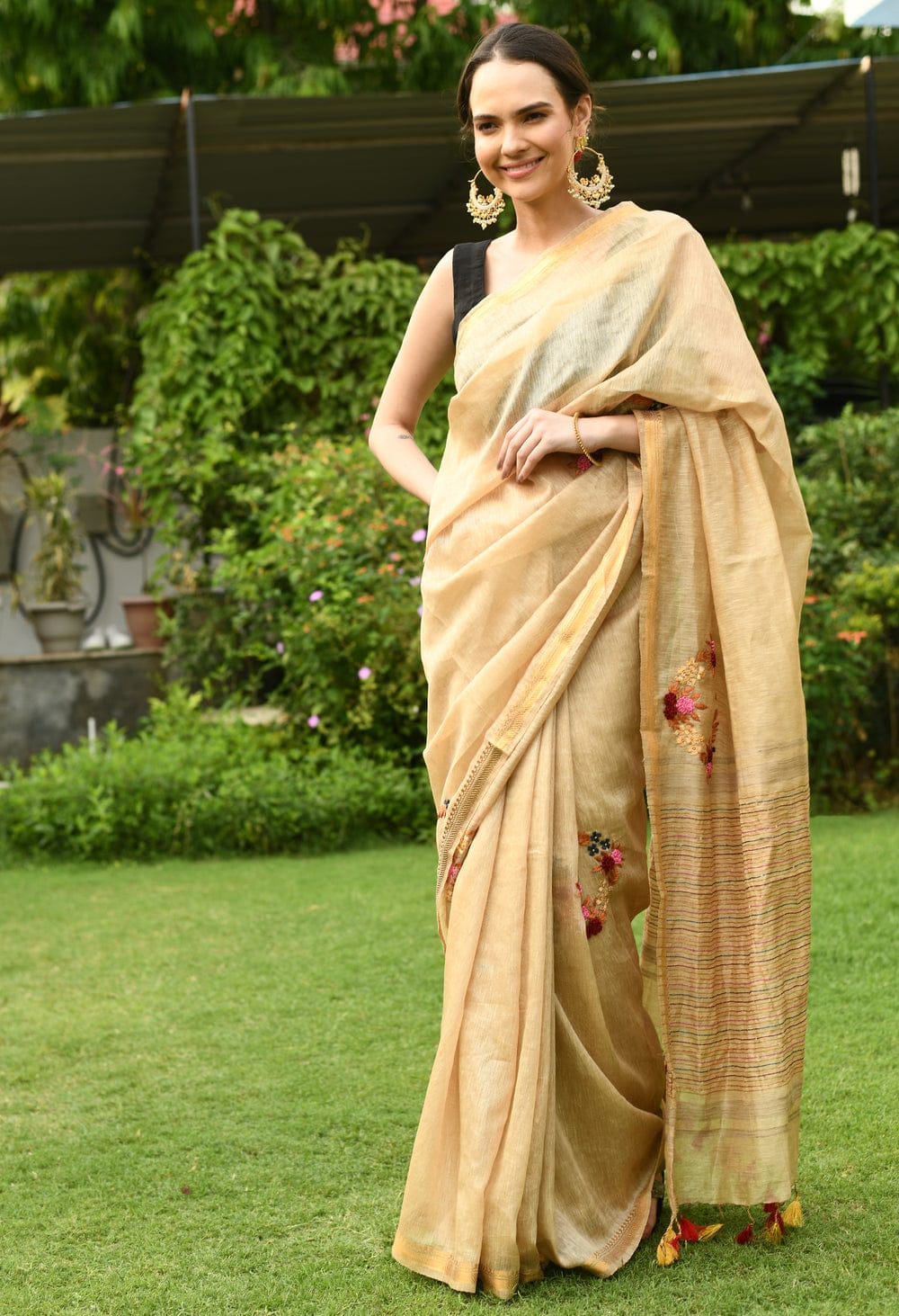 Nirvana Silk Linen Hand Embroidery Saree By Rank Never Retires