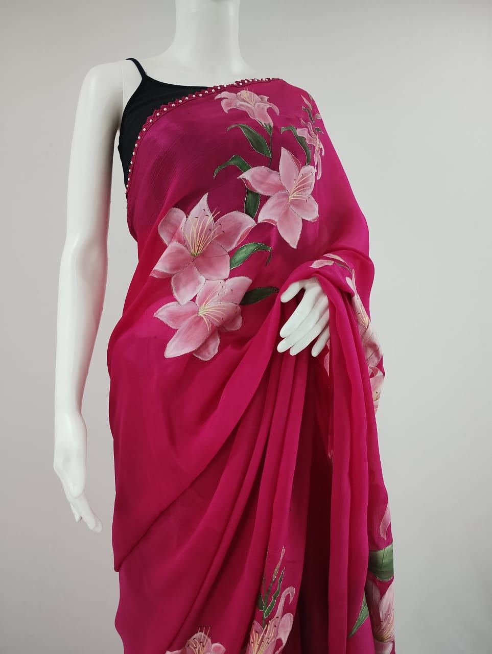 Rani Pink Pure Chinon Chiffon Hand-Painted Saree