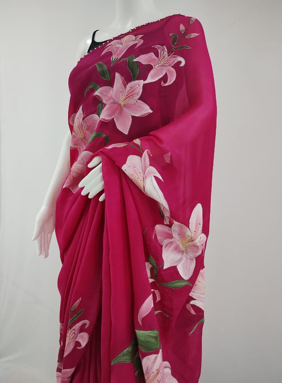 Rani Pink Pure Chinon Chiffon Hand-Painted Saree
