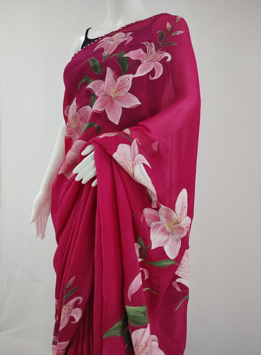 Rani Pink Pure Chinon Chiffon Hand-Painted Saree