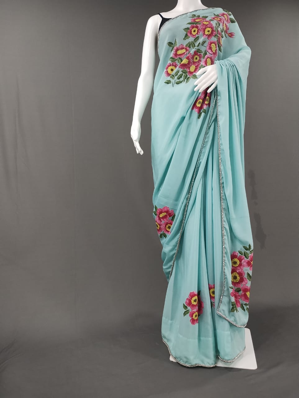 Semi Chiffon Chinon Aqua Blue Handpainted Saree by RNR