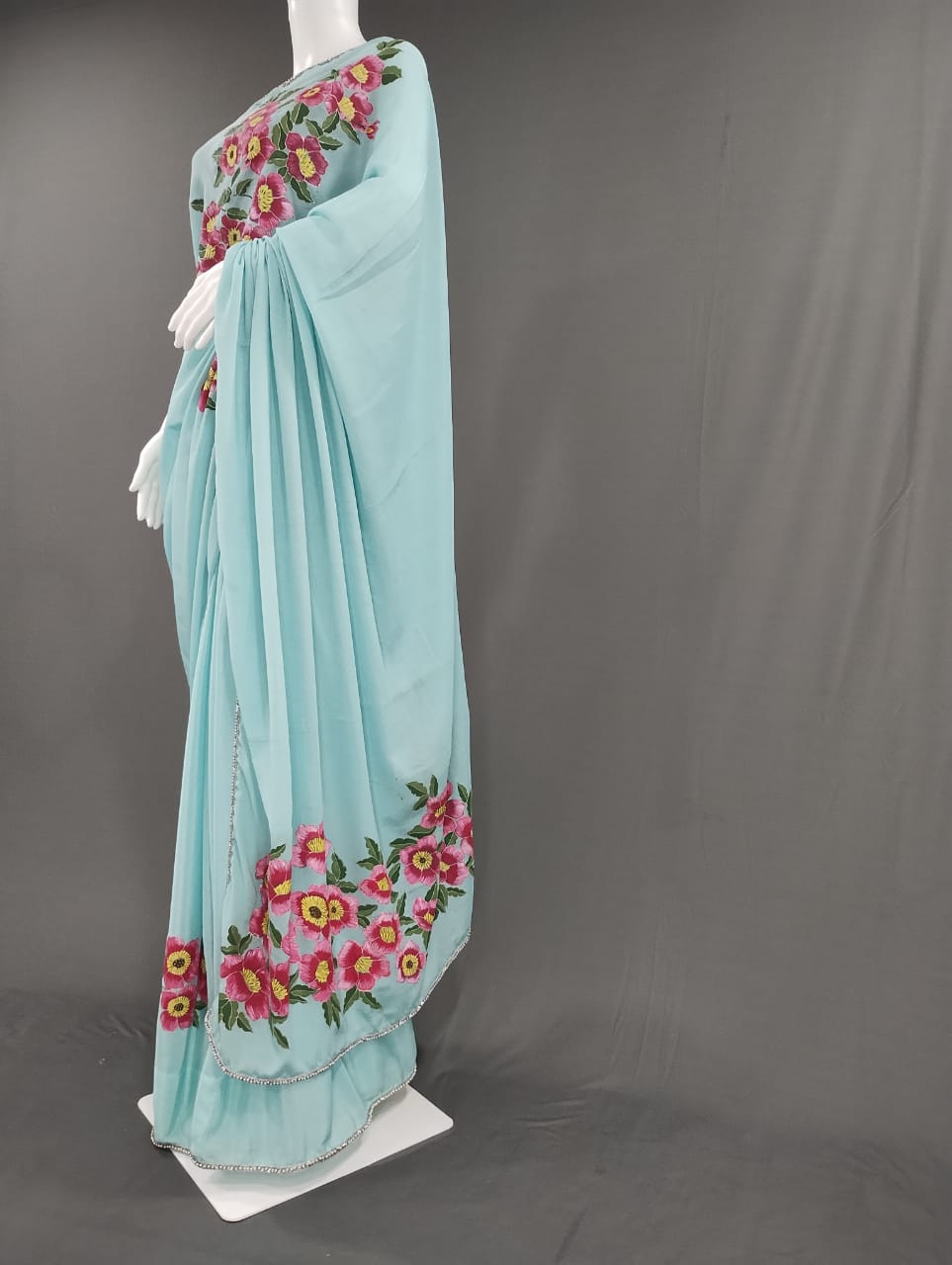 Semi Chiffon Chinon Aqua Blue Handpainted Saree by RNR
