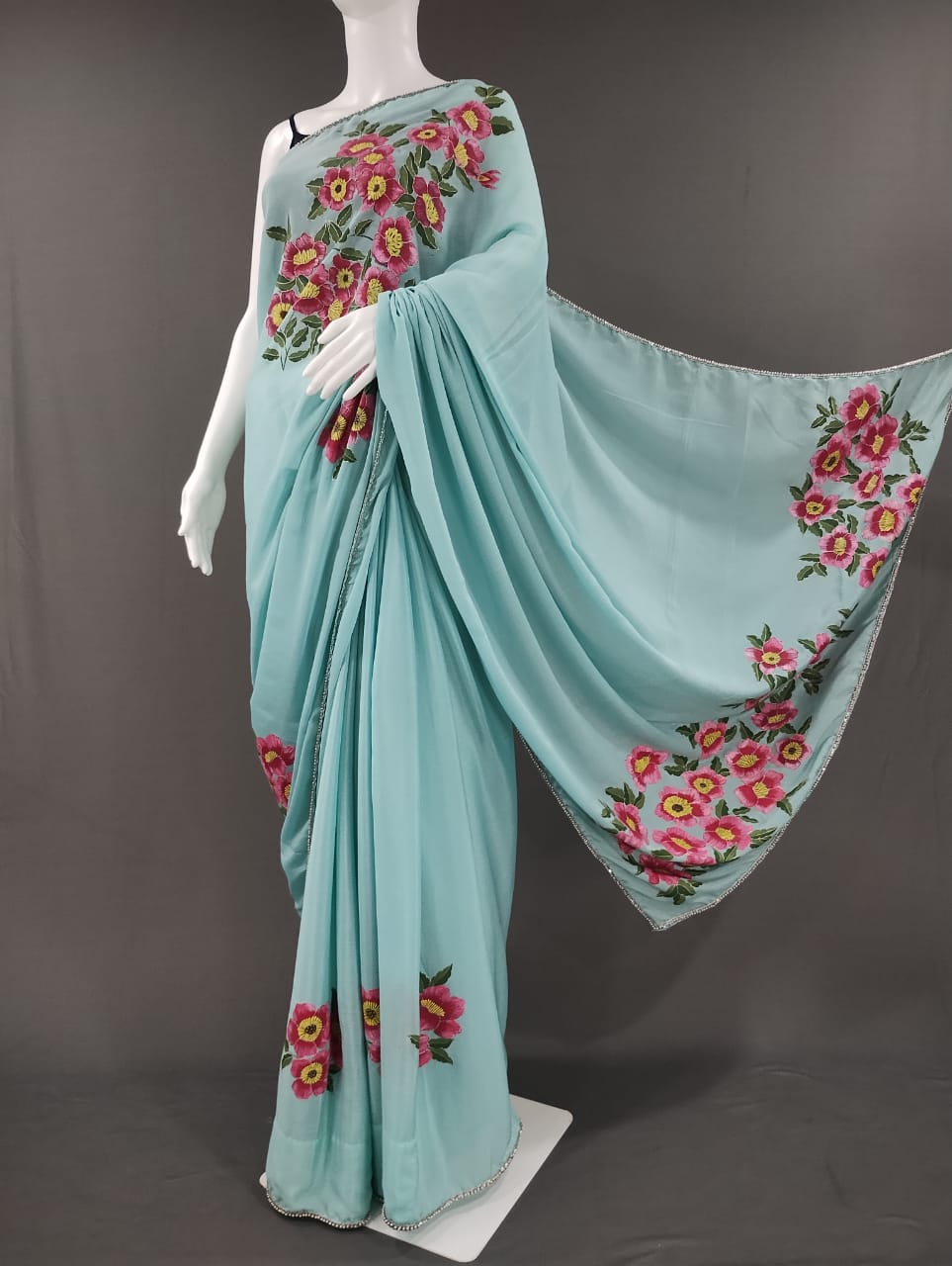 Semi Chiffon Chinon Aqua Blue Handpainted Saree by RNR