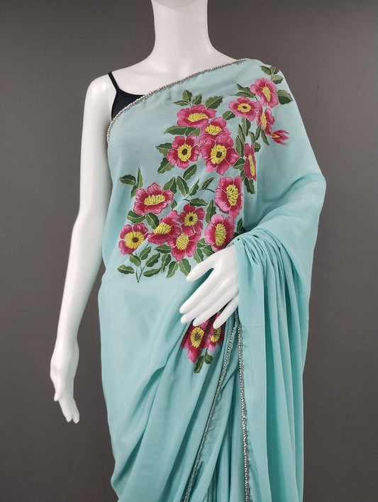 Semi Chiffon Chinon Aqua Blue Handpainted Saree by RNR