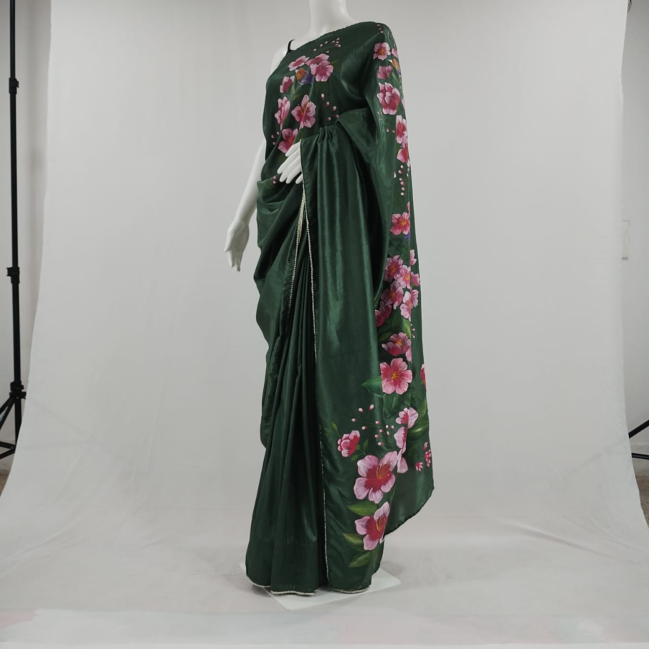 Emerald Green Semi-Silk Hand-Painted Saree by RNR