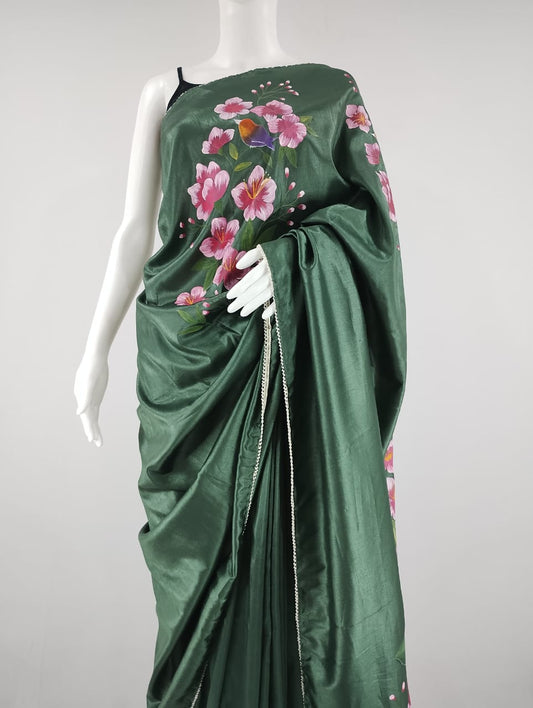 Emerald Green Semi-Silk Hand-Painted Saree by RNR
