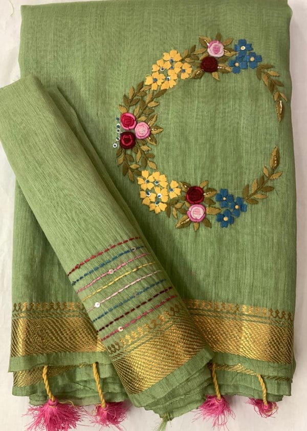 Nirvana Silk Linen Hand Embroidery Saree By Rank Never Retires
